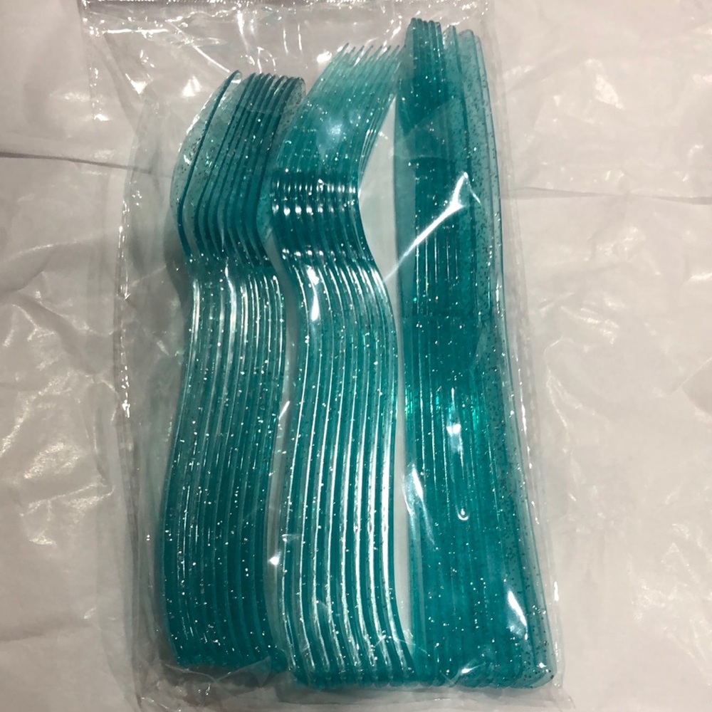 24 piece glittery blue green aqua plastic fork‎ knives and spoon set new